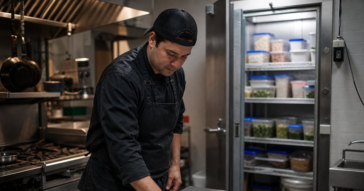 A closing cook in a quiet, cleaned restaurant kitchen at night wiping down a stainless prep table with the walk-in door propped open and lidded containers visible on wire shelves inside