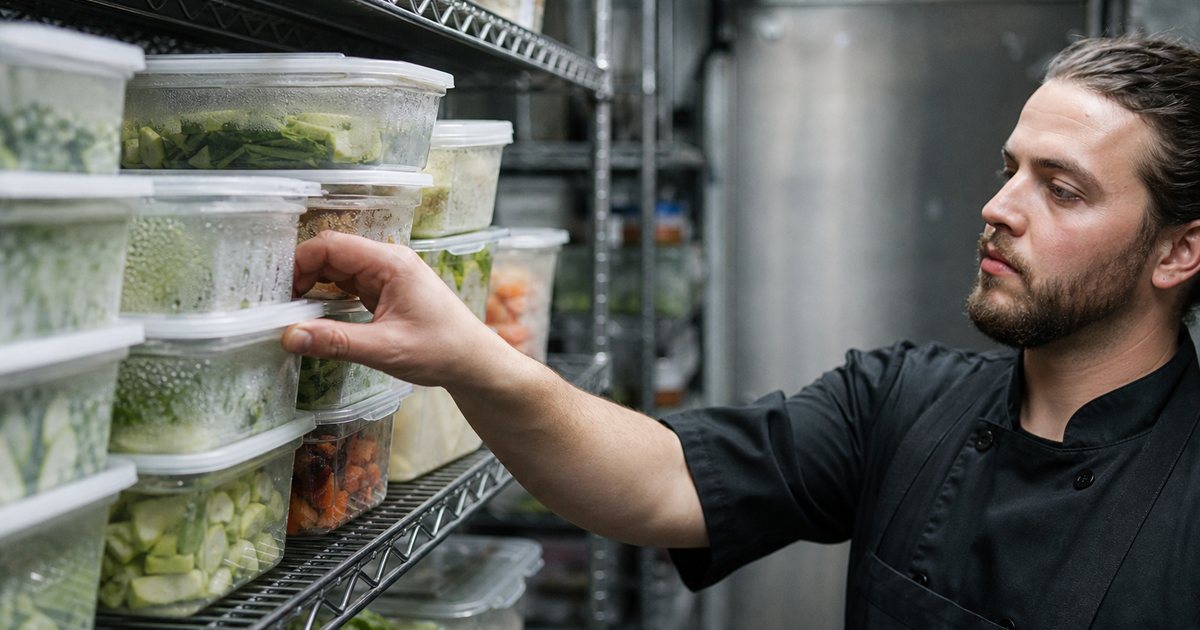 A line cook reaching for a clear plastic container from the front of a neat row of stacked containers of prepped vegetables on a stainless steel wire shelf inside a walk-in cooler, cool overhead light, condensation on the lids