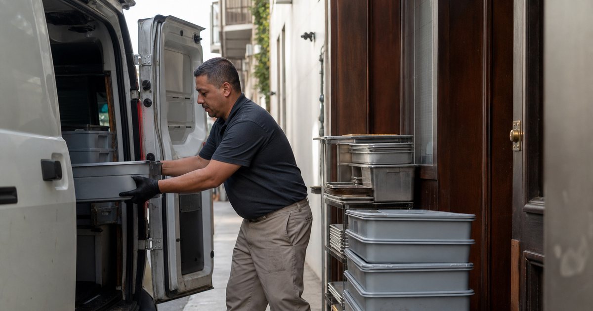 A delivery driver unloading stacked lidded food containers and hotel pans from a refrigerated van into the back door of a restaurant, morning light on a service alley