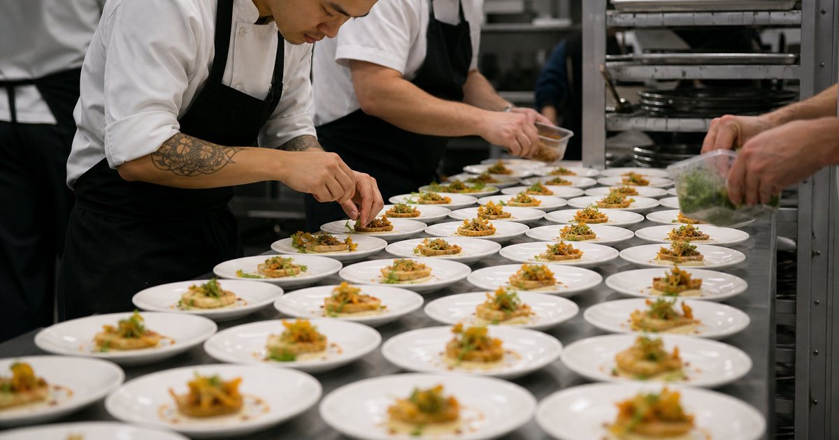 Cooks in a busy restaurant kitchen arranging rows of plated appetizers on long stainless steel tables for a banquet, hotel pans and sheet trays stacked on a rolling rack nearby