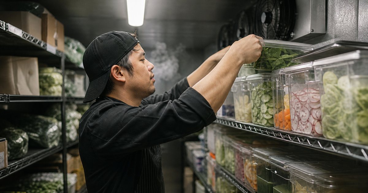 A line cook placing lids on stacked clear containers of cut vegetables on a wire shelf inside a stainless steel walk-in cooler, overhead fluorescent light, cold breath visible