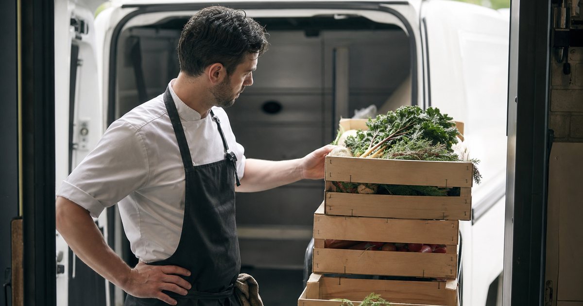 A cook in a black apron checking a stack of produce cases on a hand truck at the loading door of a restaurant kitchen, one case visibly missing from the stack, delivery van behind