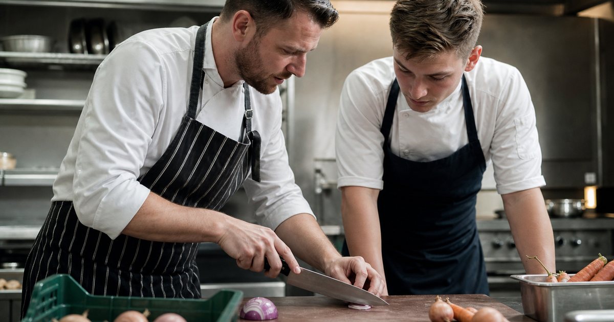 An experienced cook demonstrating knife technique on a cutting board to a younger cook wearing a new apron at a restaurant prep station, both leaning over the board, onions and carrots in bins